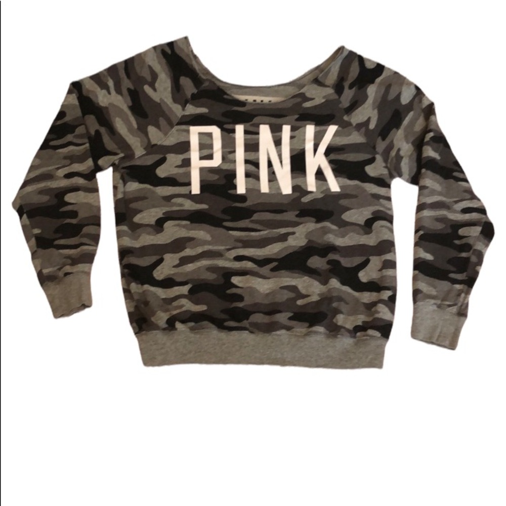 PINK Camouflage Raw Edge Neckline Sweatshirt Womens Size S/P